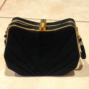 VTG Black Suede Gold Trim Clamp Hard Case Hinged Shoulder Bag Clutch